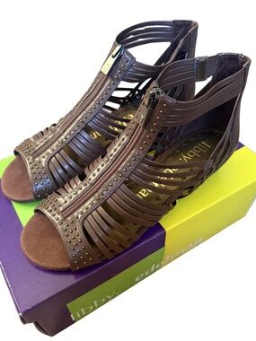 libby. edelman Brown Strappy Studded Gladiator Sandals with Front Zipper